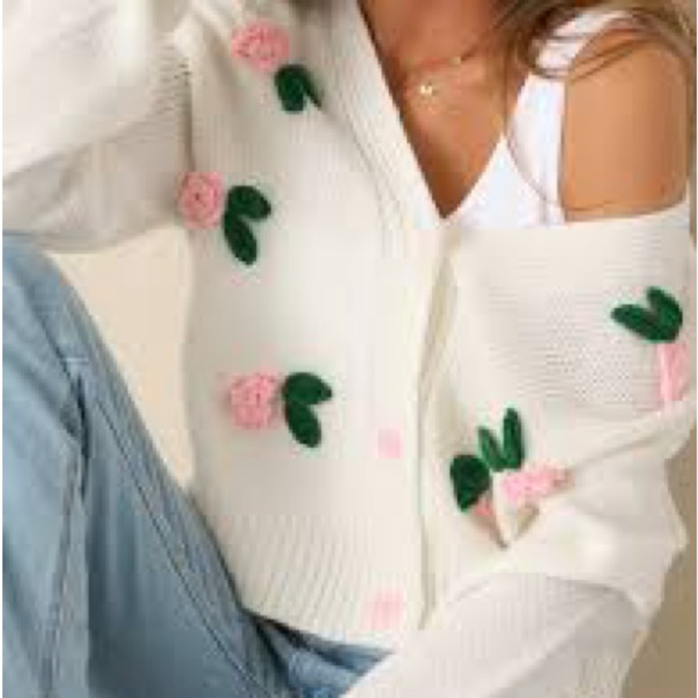 Women’s White Knit Cardigan with Pink Rose Appliqués
